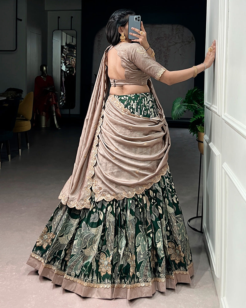 Green Color Tussar Silk Kalamkari Printed Lehenga Choli