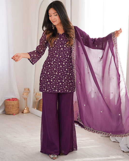 Dusty Mauve Color Crunchy Silk Embroidered Plazzo Suit