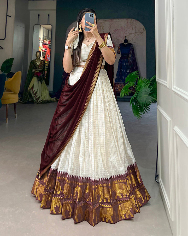White And Maroon Color Poly Cotton Chex Onam Half Saree