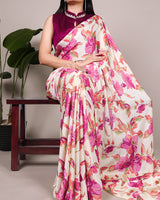Pink Color Satin Silk Floral Printed Saree