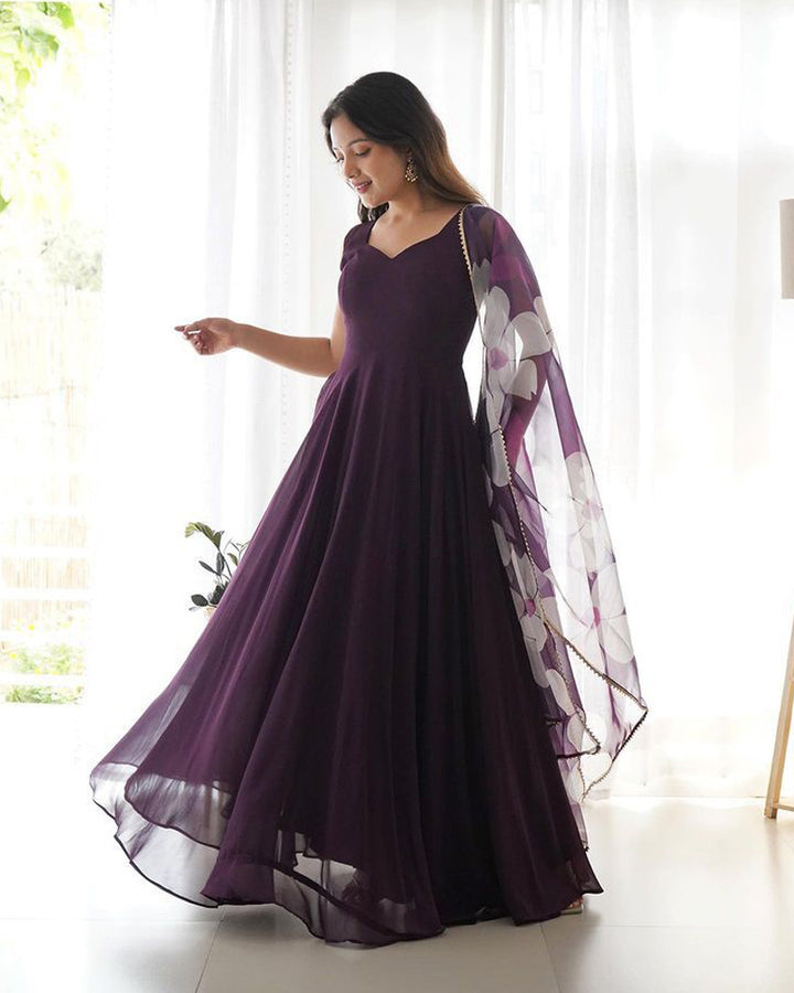 Pure Soft Georgette Wine Color Anarkali Gown With Floral Dupatta