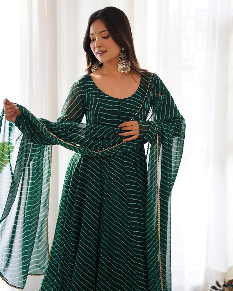 Green Color Laheriya Print Georgette Three Piece Anarkali Suit