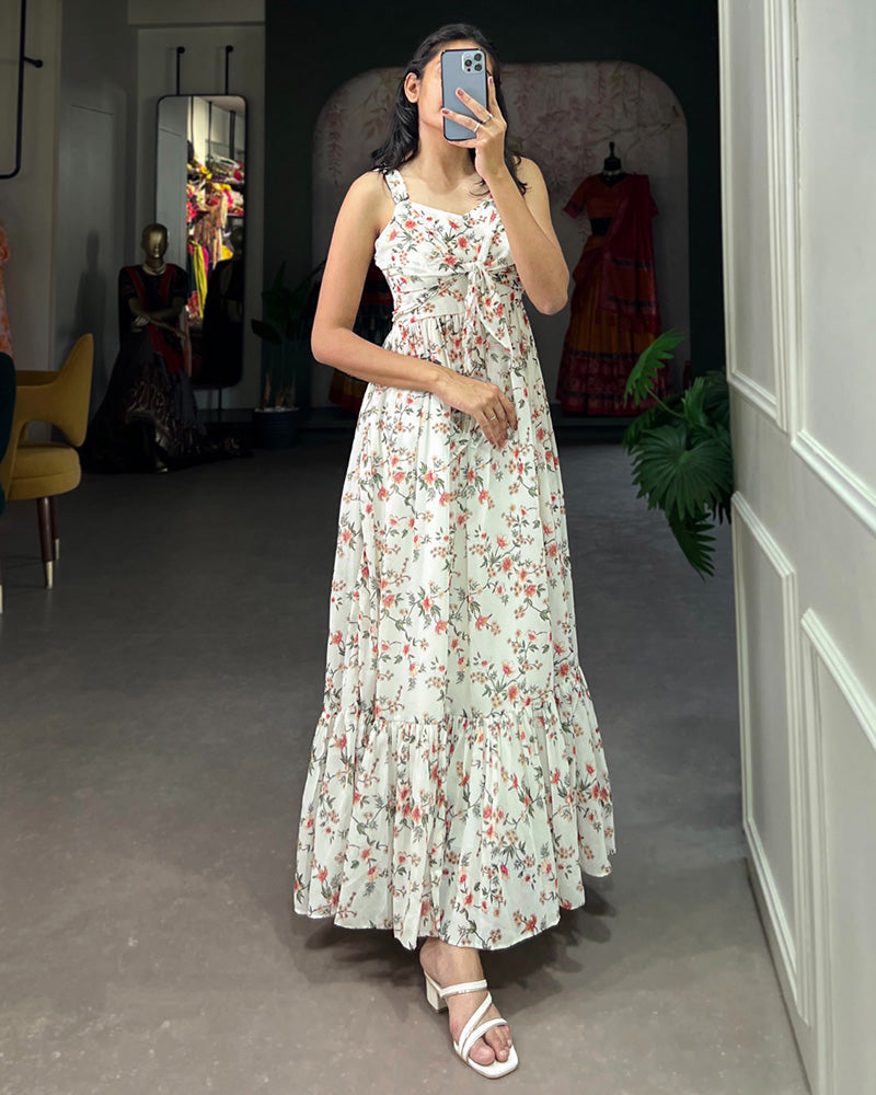 White Color Georgette Printed Long Kurti