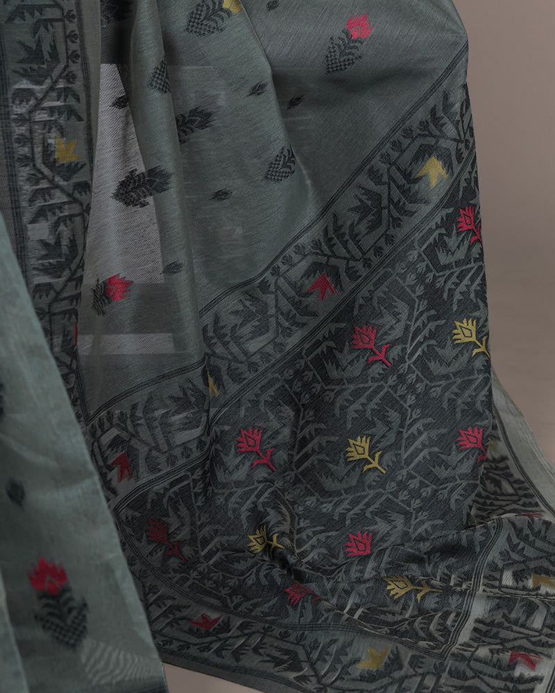 Dark Firozi Color Thread Weaving Poly Cotton Saree