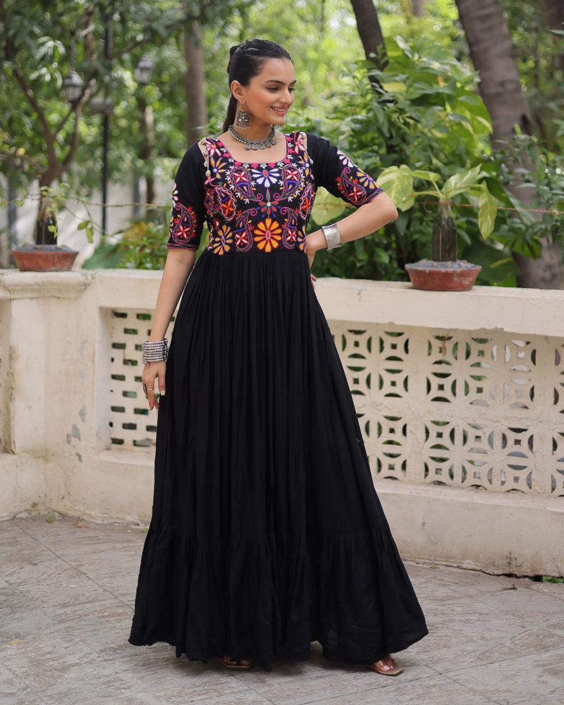 Black Color Rayon Kutchi Gamthi Style Navratri Gown