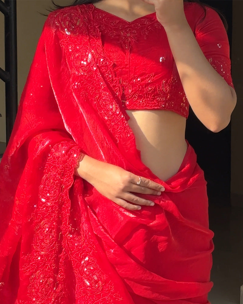 Red Color Space Silk Sequence Embroidered Saree