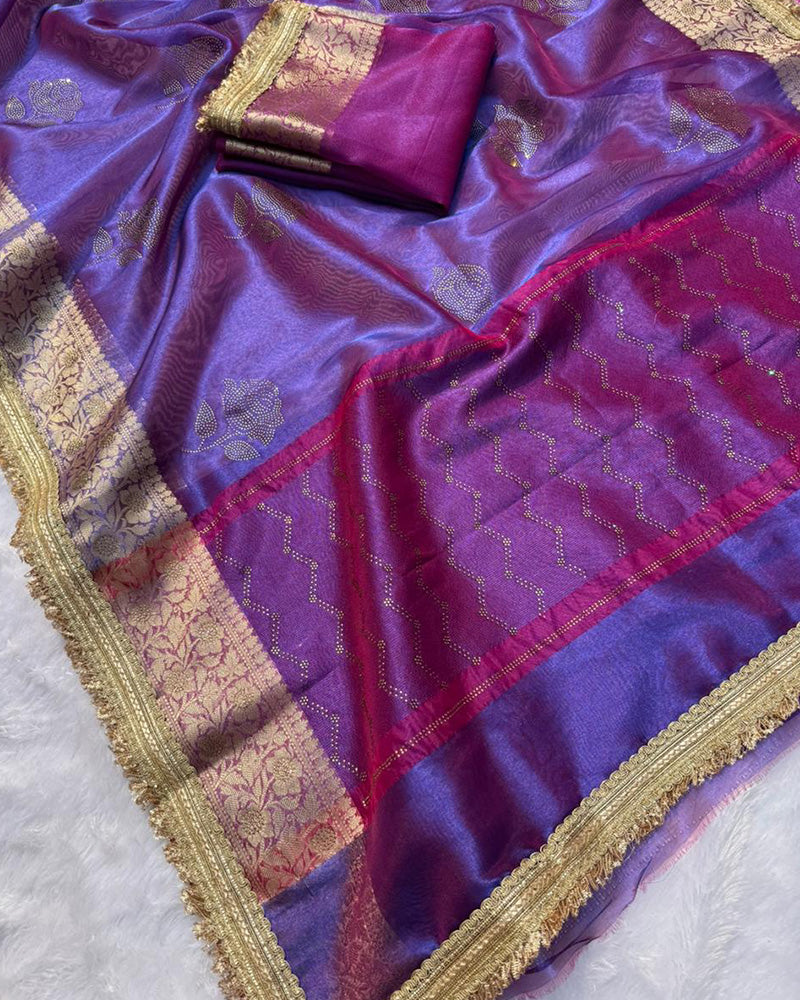 Sky Color Banarasi Tissue Silk Stone Work Saree