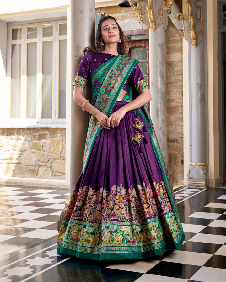 Purple Color Tussar Silk Printed With Foil Work Half Saree