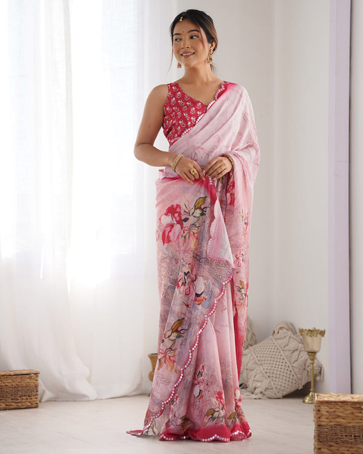 Pink Color Chinnon Silk Saree