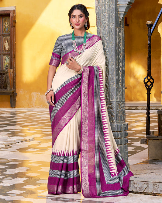 Off-White Color Poly Cotton Printed Saree