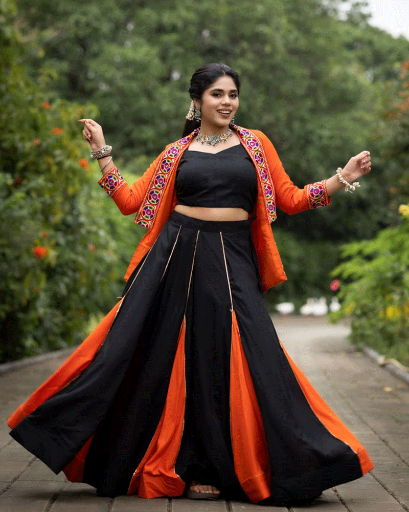 Black And Orange Color Rayon Cotton Navratri Lehenga Choli
