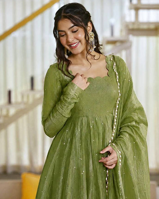 Mehendi Color Salsa Silk Anarkali Suit