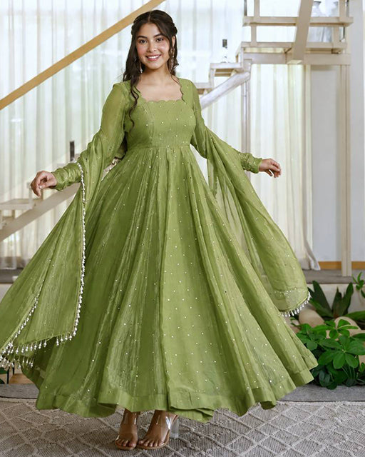 Mehendi Color Salsa Silk Anarkali Suit