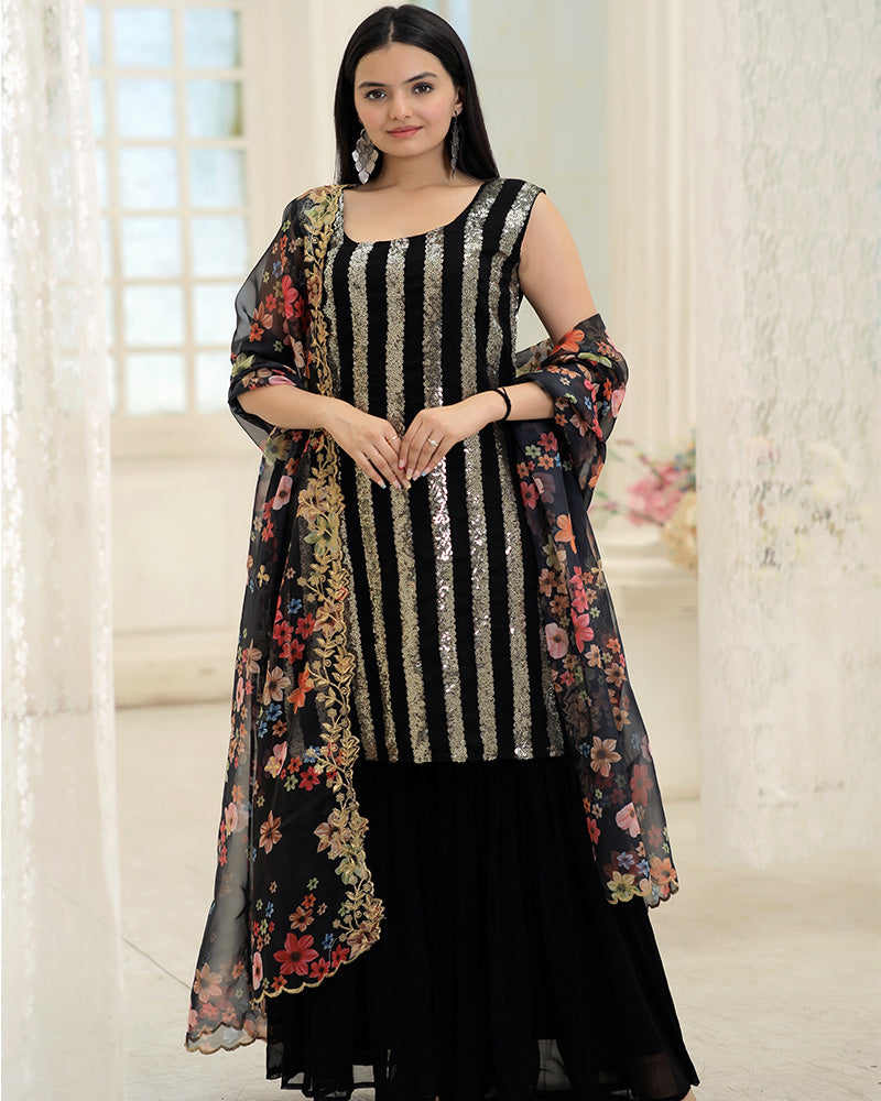 Black Color Designer Three Piece Sharara Suit