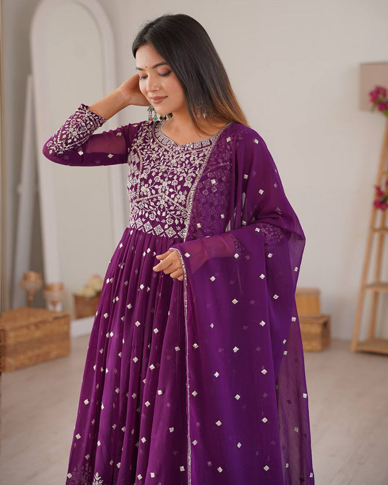 Wine  Color Georgette Sequence Embroidered Anarkali Suit