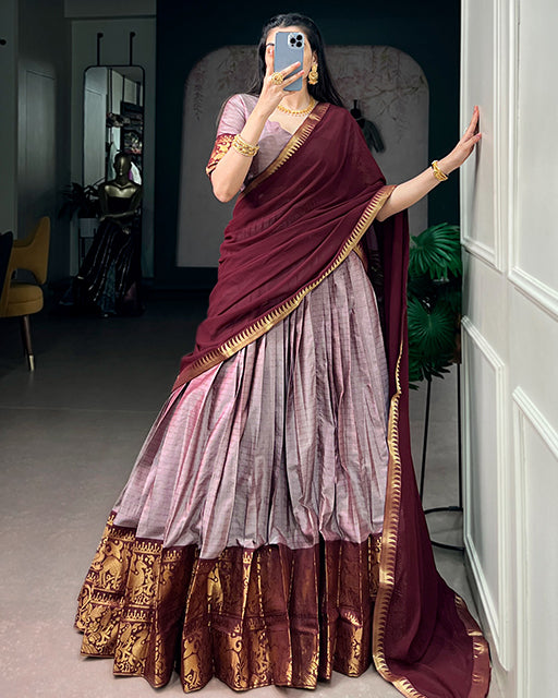 Smoky Luvender Color Poly Cotton Chex Half Saree