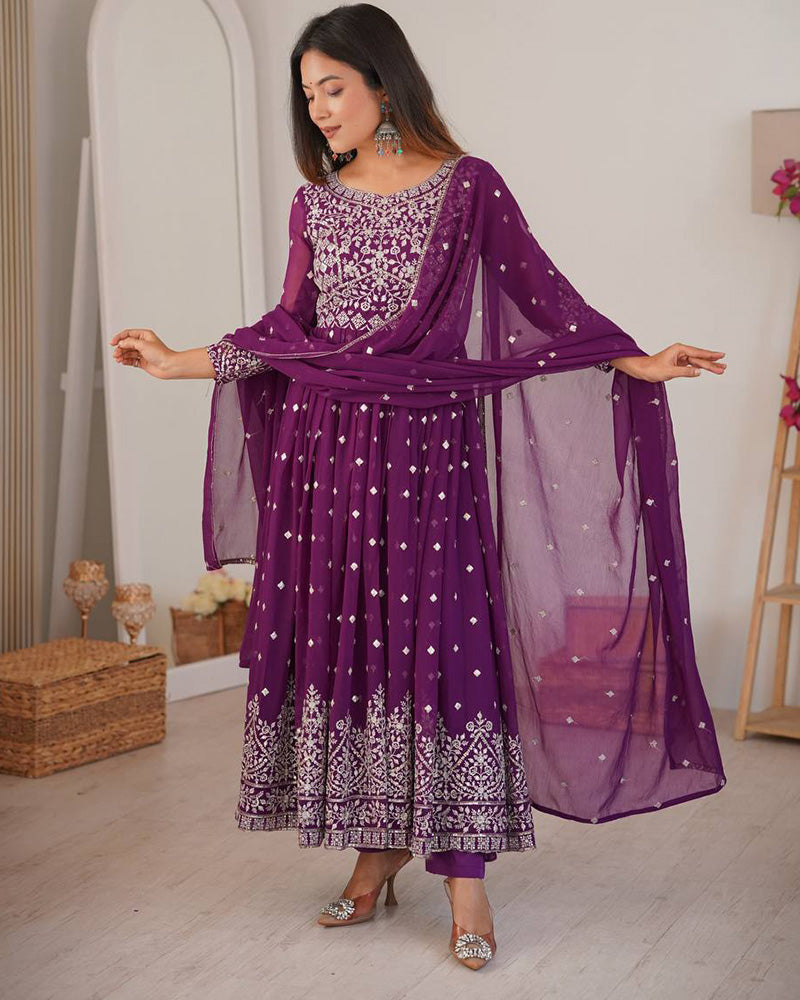 Wine  Color Georgette Sequence Embroidered Anarkali Suit