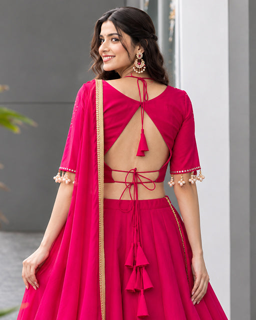 Elegant Rani Pink Color Roman Silk Navratri Lehenga Set