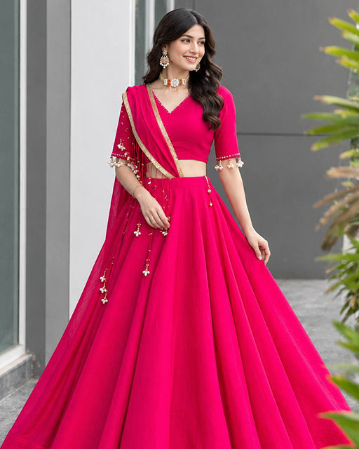 Elegant Rani Pink Color Roman Silk Navratri Lehenga Set