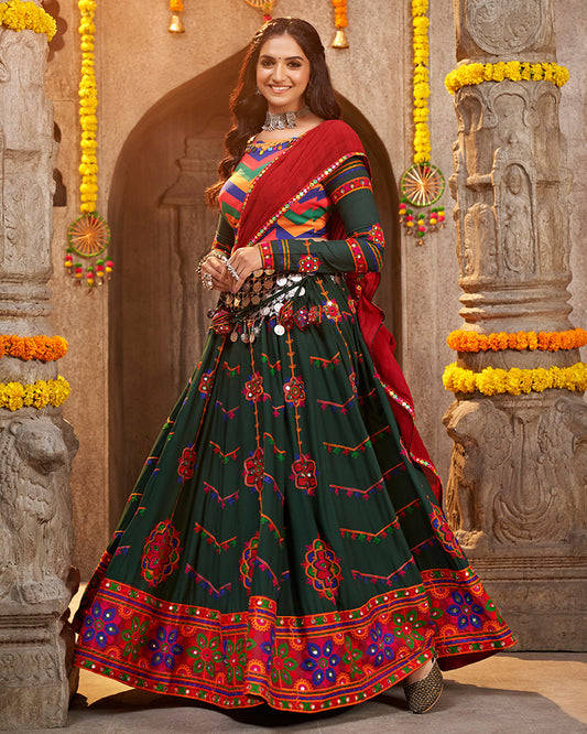 Green Color Viscose Rayon Thread With Mirror Work Navratri Lehenga Choli