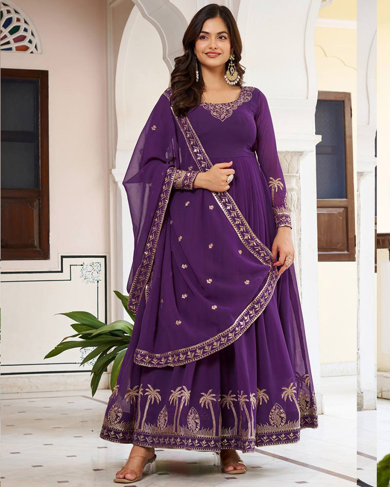 Royal Purple Color Georgette Sequence Embroidered Gown