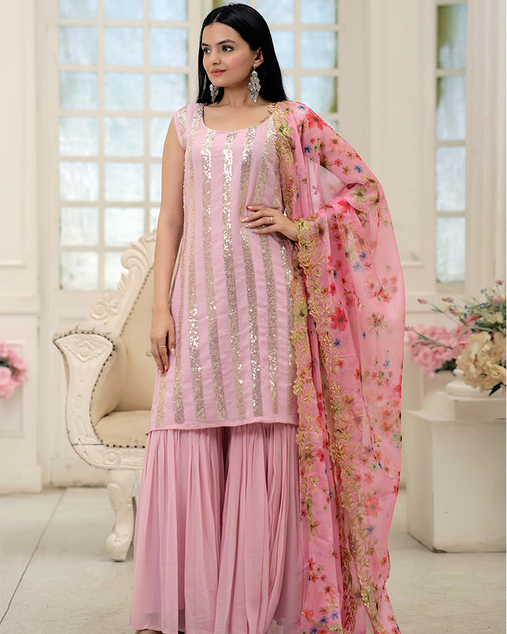 Pink Color Designer Three Piece Sharara Suit