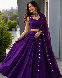 Three Color Cotton With  Mirror Work Navratri Lehenga Set