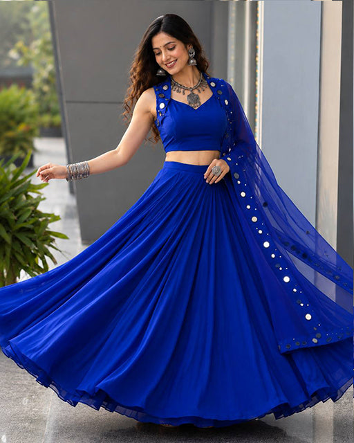 Three Color Cotton With  Mirror Work Navratri Lehenga Set