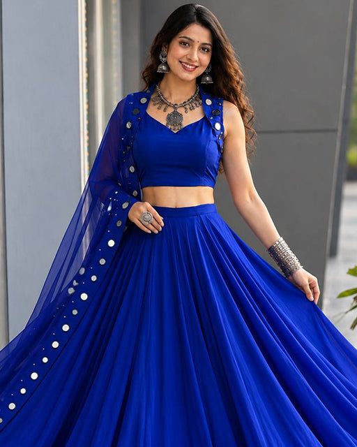 Three Color Cotton With  Mirror Work Navratri Lehenga Set