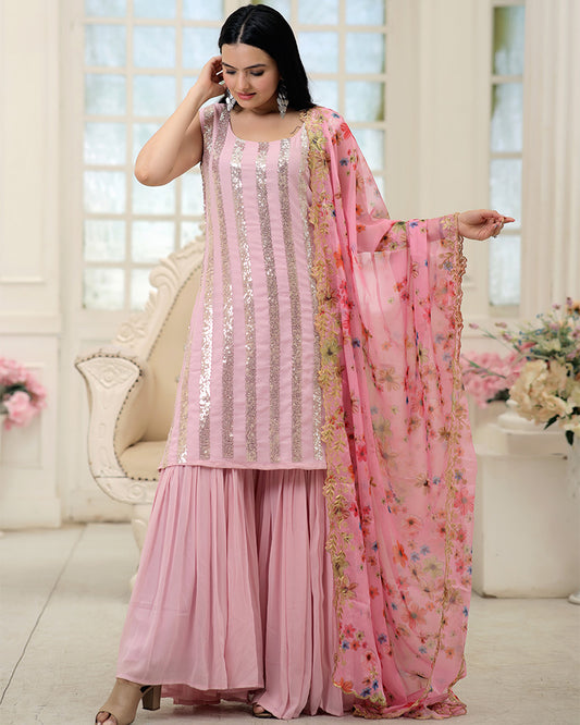 Pink Color Designer Three Piece Sharara Suit