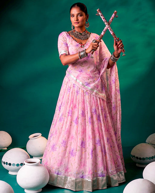 Pink Color Floral Tabby Silk Navratri Lehenga Choli