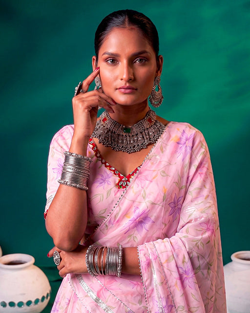 Pink Color Floral Tabby Silk Navratri Lehenga Choli