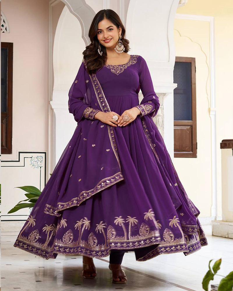Royal Purple Color Georgette Sequence Embroidered Gown