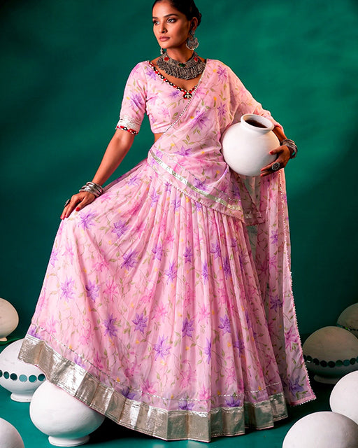 Pink Color Floral Tabby Silk Navratri Lehenga Choli