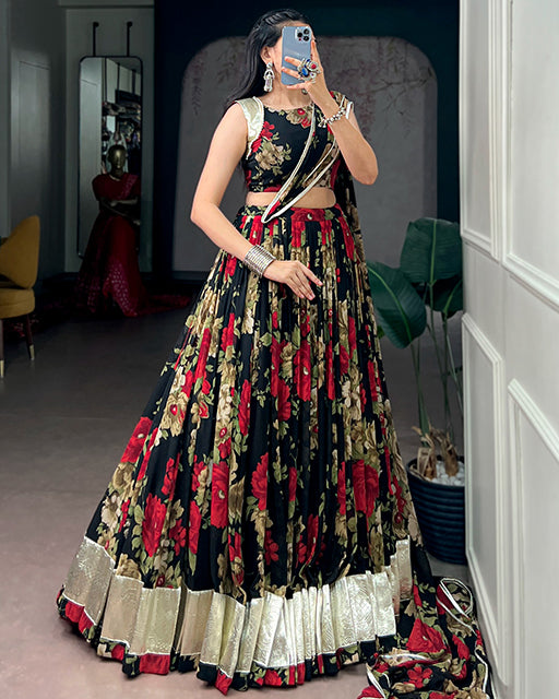 Red Color Floral Print  Georgette Navratri  Lehenga Choli
