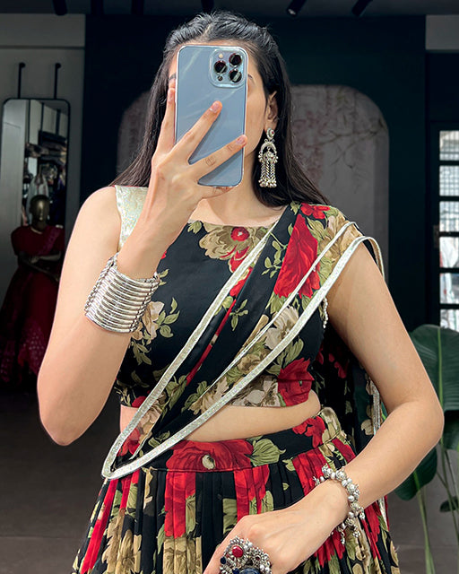Red Color Floral Print  Georgette Navratri  Lehenga Choli
