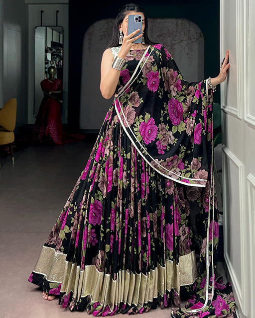 Rani Pink Color Floral Print  Georgette Navratri  Lehenga Choli