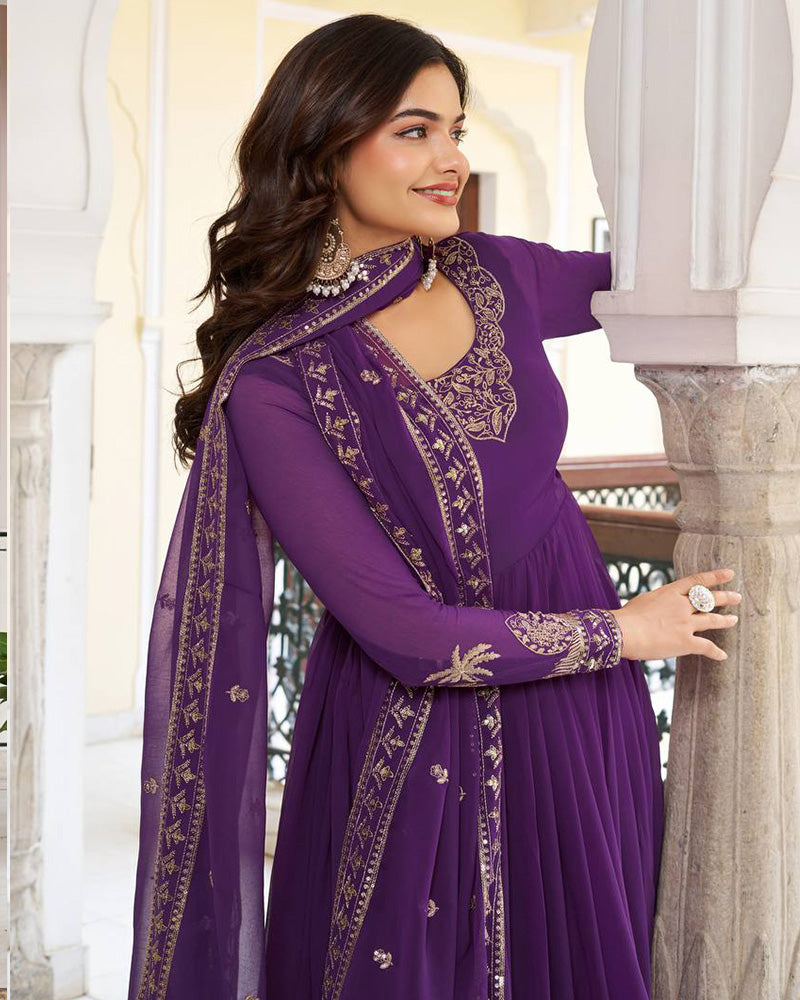 Royal Purple Color Georgette Sequence Embroidered Gown