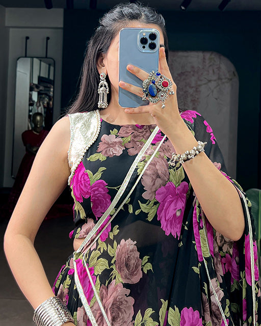 Rani Pink Color Floral Print  Georgette Navratri  Lehenga Choli