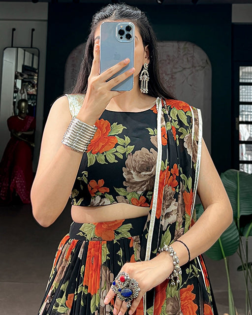 Orange Color Floral Print  Georgette Navratri  Lehenga Choli