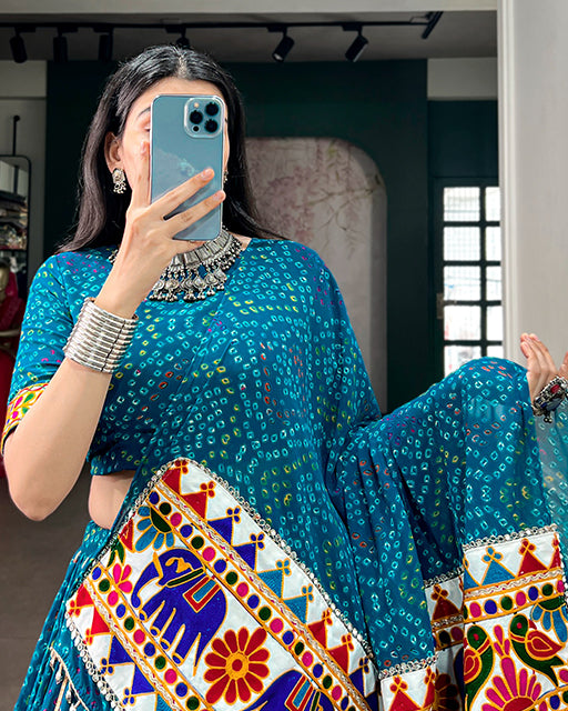 Designer Blue Color Georgette Bandhani Print Navratri Lehenga Choli
