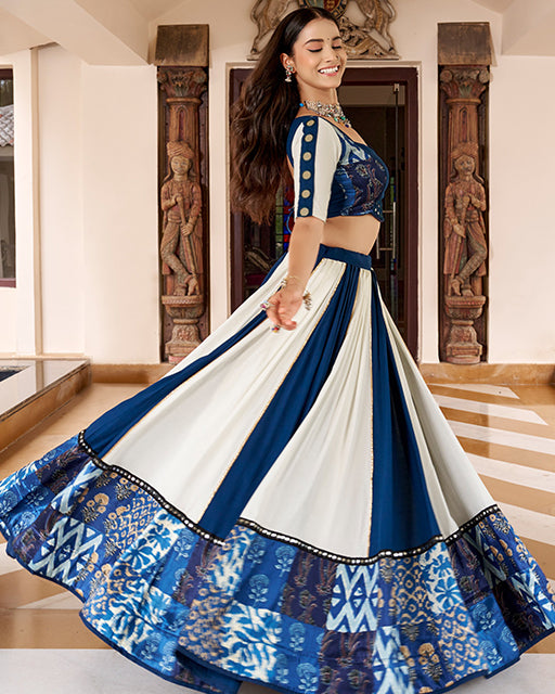 White And Blue Color Rayon Navratri Lehenga Choli