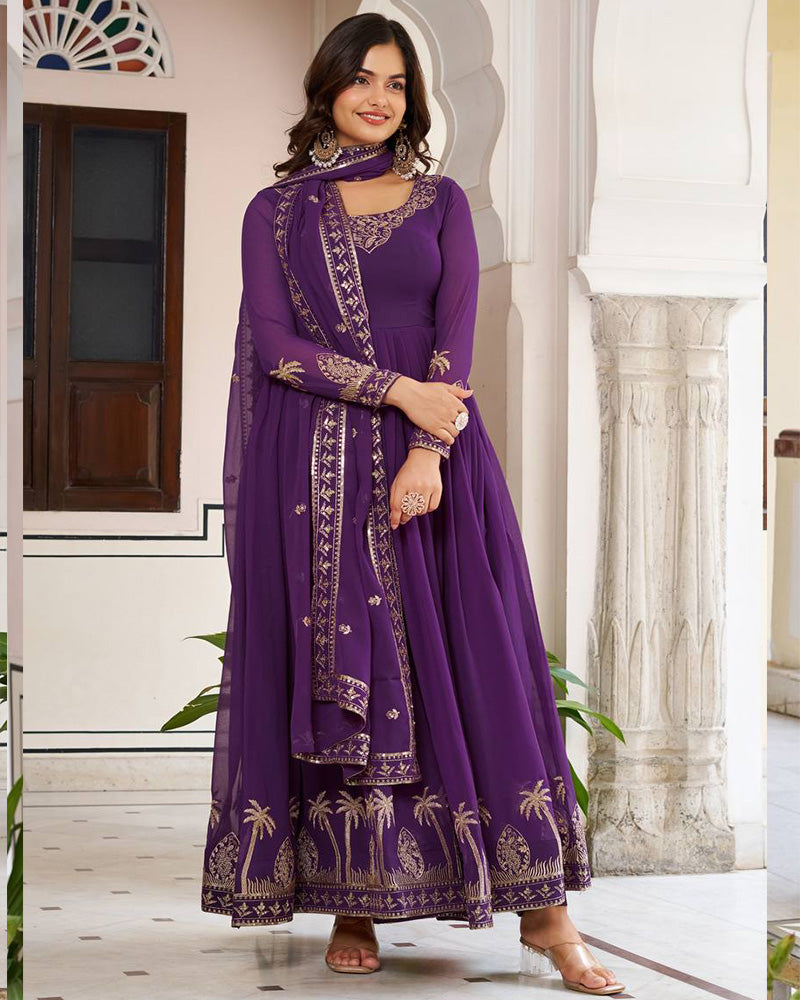 Royal Purple Color Georgette Sequence Embroidered Gown
