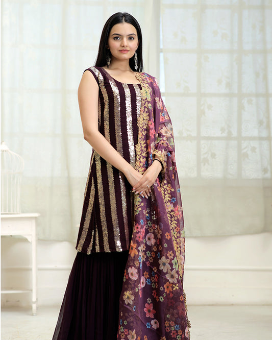 Wine Color Designer Three Piece Sharara Suit