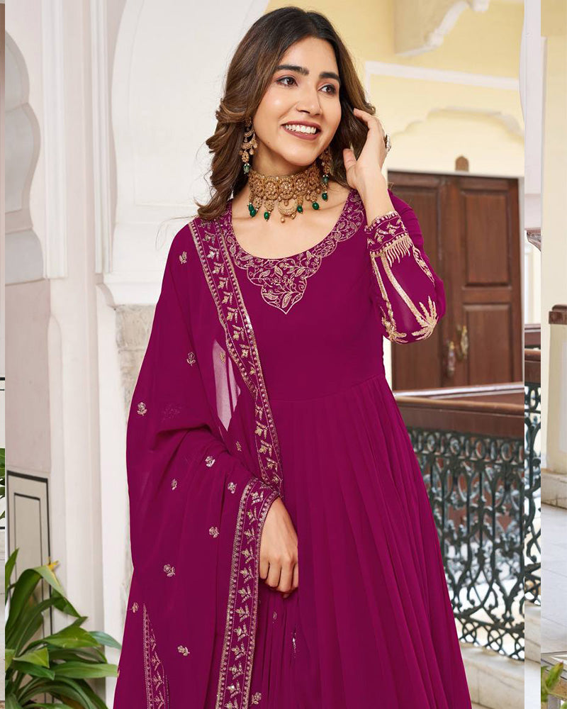 Royal Magenta Color Georgette Sequence Embroidered Gown