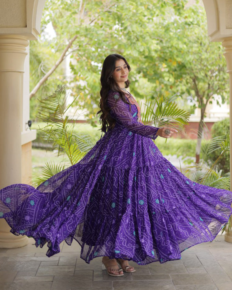 Purple Color Bandhani Print Faux Georgette Navratri Gown