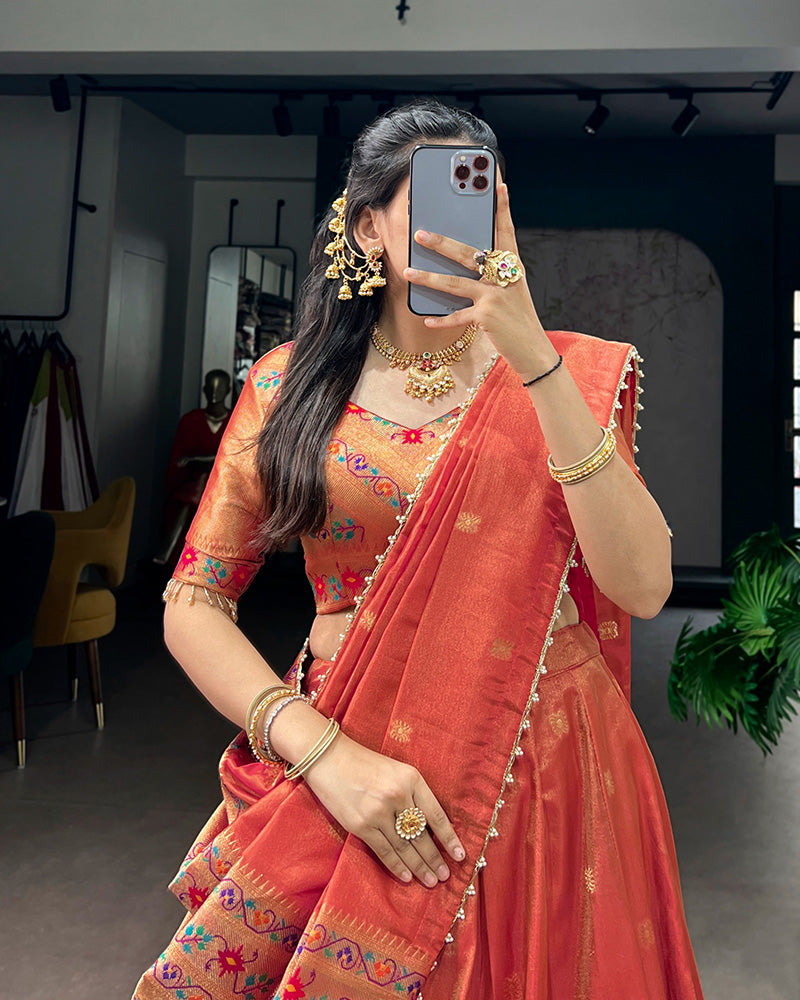 Coral Red Color Shimmer Silk Lehenga Choli