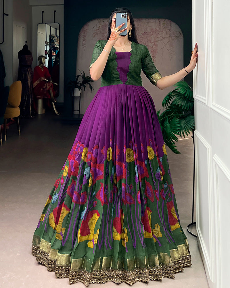 Purple Color Viscose Chanderi Floral Printed Gown