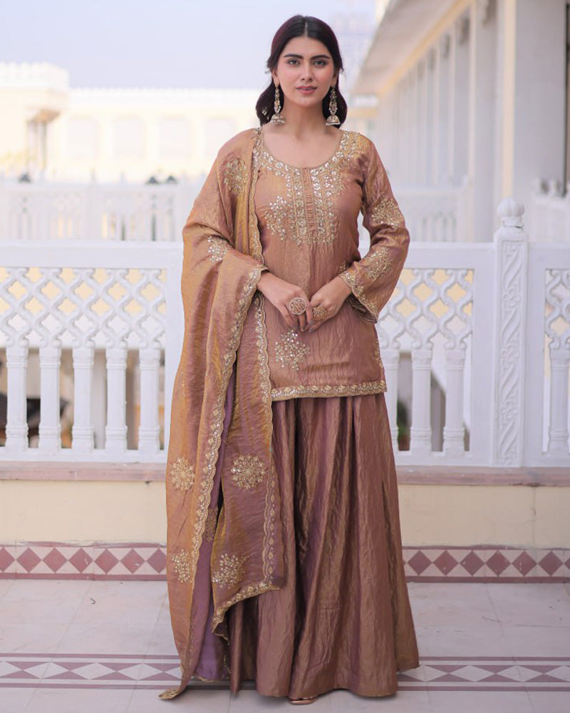 Chikoo Color Fendi Crush Embroidered Plazzo Suit