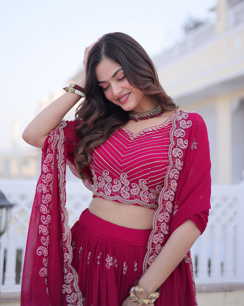 Cherry Rose Color Blooming Embroidered Lehenga Choli